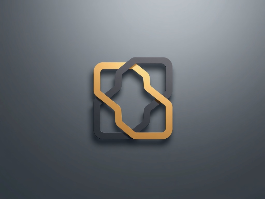 Minimalist geometric logo mockup: interlocking shapes, gold and dark gray, on a subtle gradient background, 8k product shot.